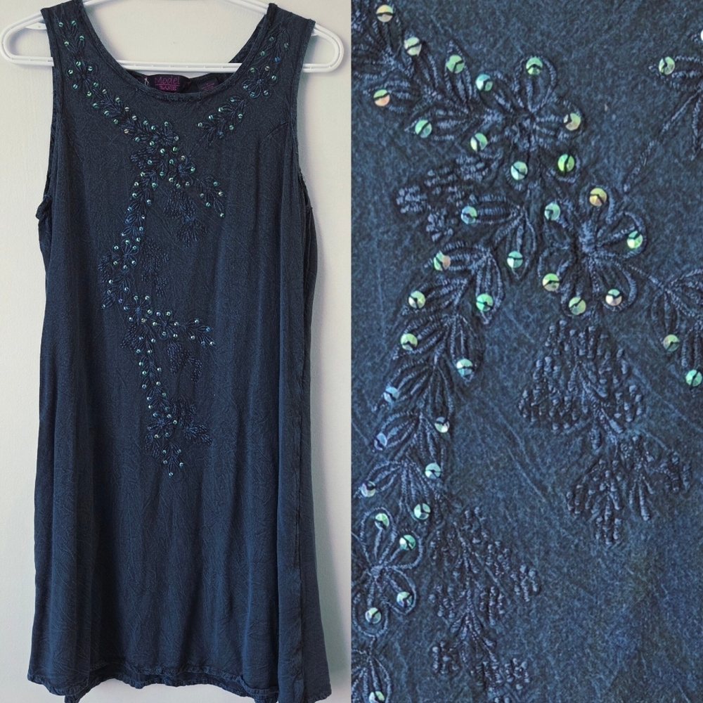 Vingtage 90s Large Embellished Embroidered Chambray Sequin Sleeveless Dress Boho